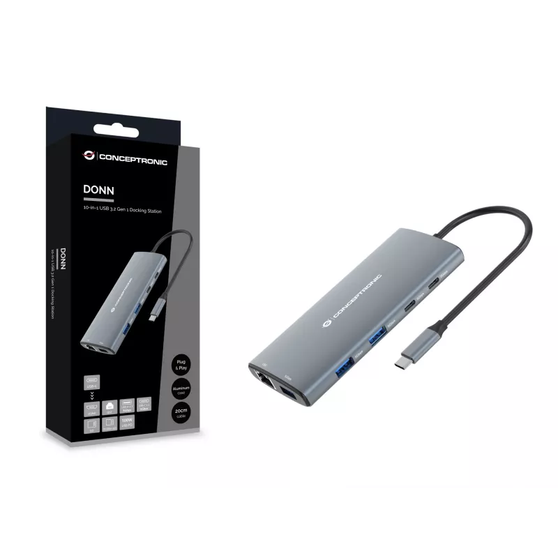Conceptronic DONN06G 10-in-1 USB 3.2 Gen 1 dokavimo stotelė, HDMI, 100W USB PD, USB-C 5Gbps x 2, USB-A 5Gbps x 3, SD, TF/MicroSD, GbE