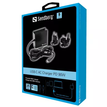 Sandberg USB-C PD kintamosios srovės įkroviklis 90W EU+UK, vidaus, 20,2 V, 4,5 A, 1,8 m, juodas