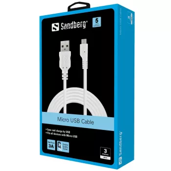 Sandberg MicroUSB sinchronizavimo ir įkrovimo laidas 3 m, USB A, Micro-USB B, USB 2.0, vyriški/vyriški, baltas