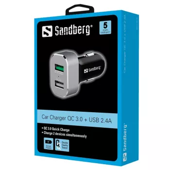 Sandberg automobilinis įkroviklis 1xQC 3.0+1xUSB2.4A, cigarečių degtukas, 12 V, aliuminis, juodas