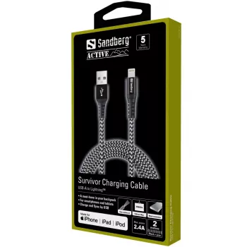 Sandberg Survivor Lightning laidas 2 m, Kevlar, dvigubas pintas nailonas, USB A – Lightning