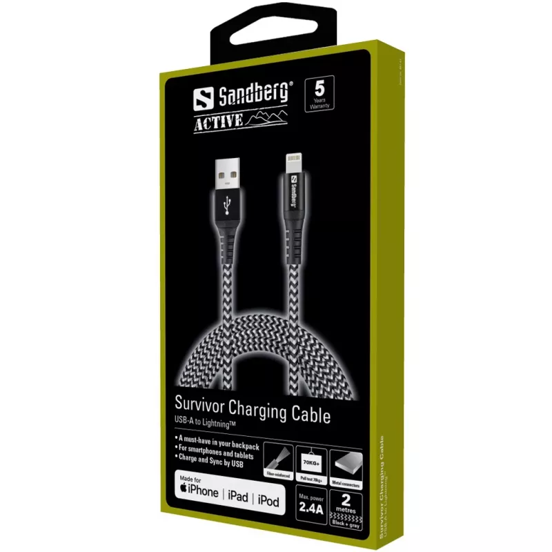 Sandberg Survivor Lightning laidas 2 m, Kevlar, dvigubas pintas nailonas, USB A – Lightning