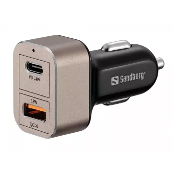 Sandberg automobilinis įkroviklis 1xQC3.0+1xUSBC 24W, cigaretinis kištukas, 12 V, juoda, pilka