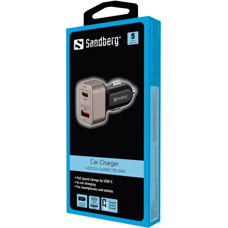 Sandberg automobilinis įkroviklis 1xQC3.0+1xUSBC 24W, cigaretinis kištukas, 12 V, juoda, pilka
