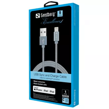 Sandberg Excellence Lightning Grey 1m, 1 m, Lightning, USB A, Pilka, Tiesioginis, Tiesioginis