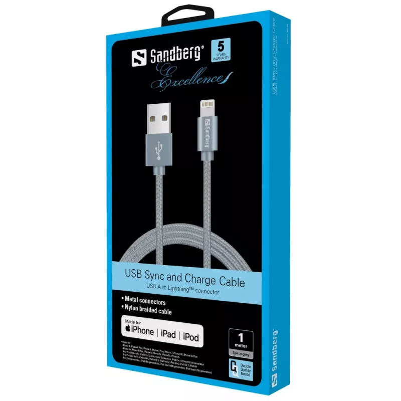 Sandberg Excellence Lightning Grey 1m, 1 m, Lightning, USB A, Pilka, Tiesioginis, Tiesioginis