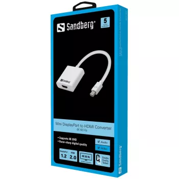 Sandberg adapteris MiniDP1.2 į HDMI2.0 4K60, Mini DisplayPort, HDMI, vyriškas, moteriškas, 3840 x 2160 pikseliai, 6 Gbit/s