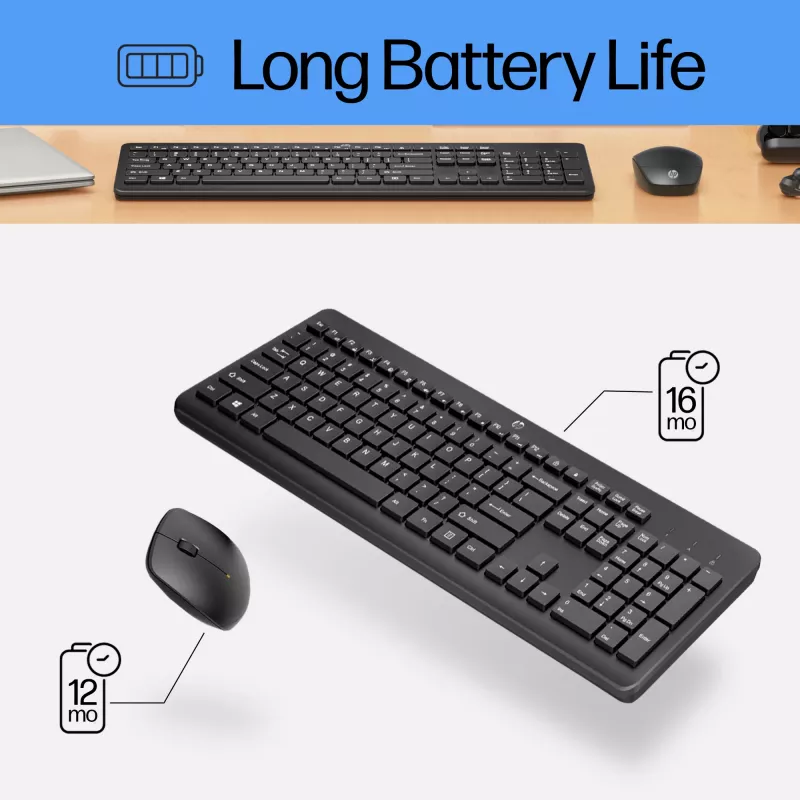 HP 230 belaidis klaviatūros ir pelės rinkinys, pilno dydžio, membraninis, baltas