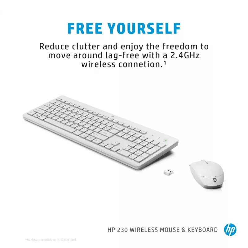 HP 230 belaidis klaviatūros ir pelės rinkinys, pilno dydžio, membraninis, baltas
