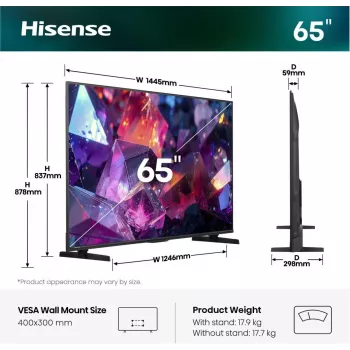 Hisense 65E7S PRO Televizorius 165,1 cm (65 col.) UHD+ Smart TV Wi-Fi Juodas 350 cd/m²