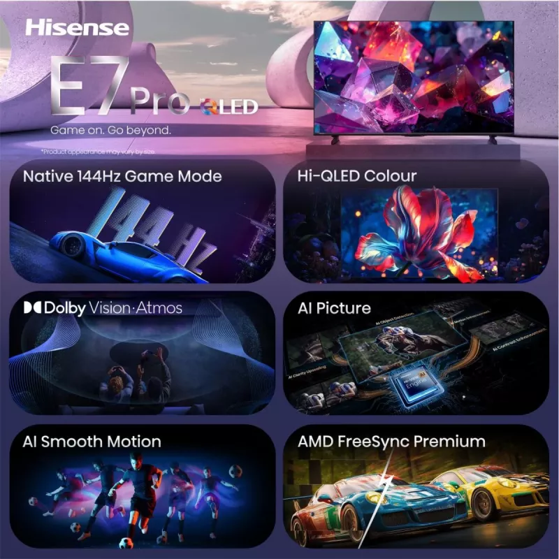 Hisense 65E7S PRO Televizorius 165,1 cm (65 col.) UHD+ Smart TV Wi-Fi Juodas 350 cd/m²