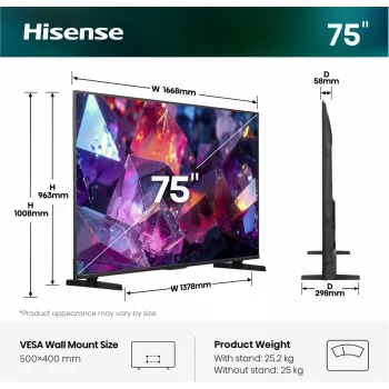 Televizorius Hisense 75E7S PRO 190,5 cm (75 col.) UHD+ Smart TV QLED Wi-Fi Juodas 350 cd/m²