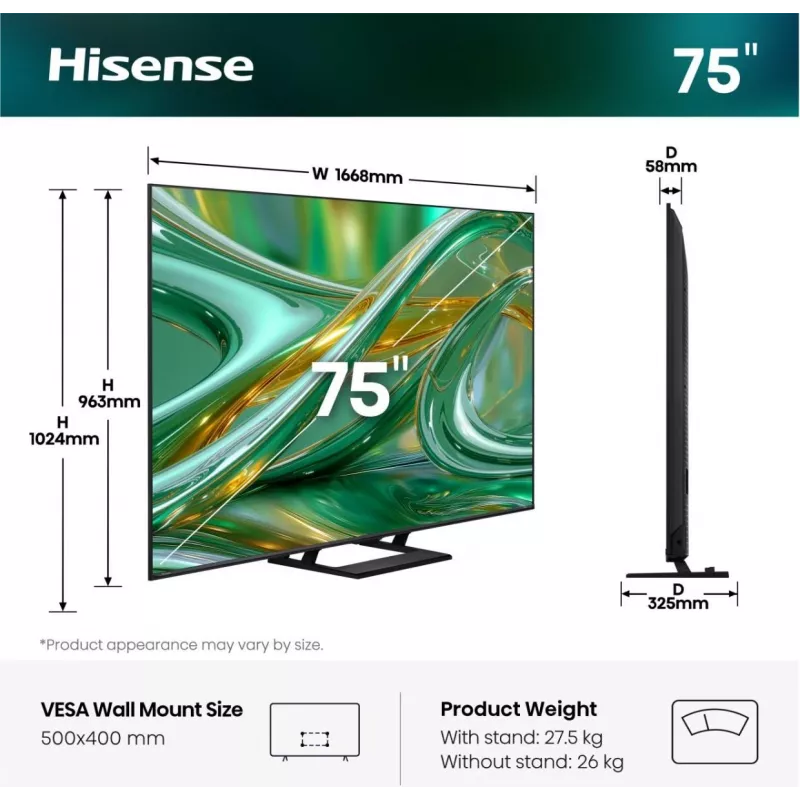 Televizorius Hisense 75E8S 190,5 cm (75 col.) 4K Ultra HD Smart TV QLED Mini LED Pilka 400 cd/m²