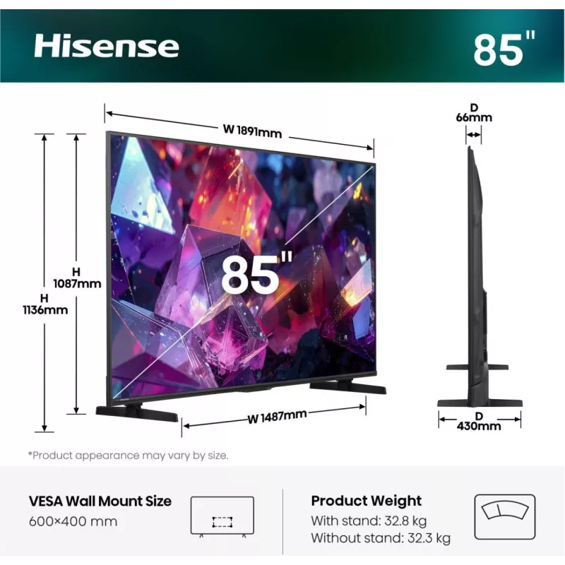 Hisense 85E7S PRO televizorius 2,16 m (85 colių) UHD+ Smart TV Wi-Fi juodas 400 cd/m²