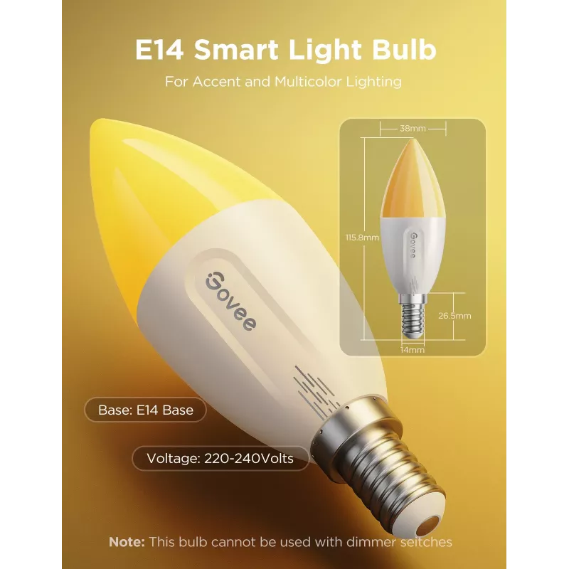 LED lemputė Govee B600CCC1 RGBWW E14 2 vnt. – išmani spalvų ir baltos šviesos reguliavimo lemputė