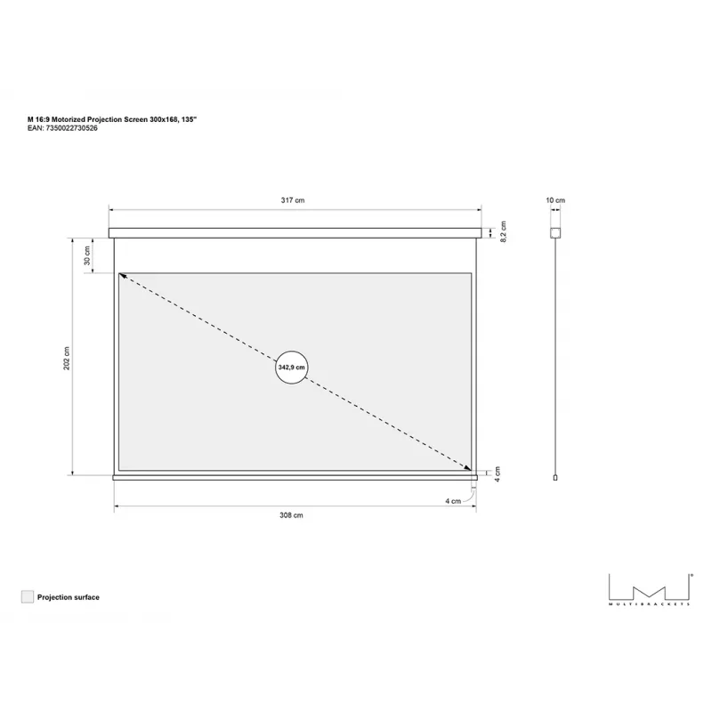 Motorizuotas projektorinis ekranas MULTIBRACKETS M 16:9 135 col. (300x168) matinė balta