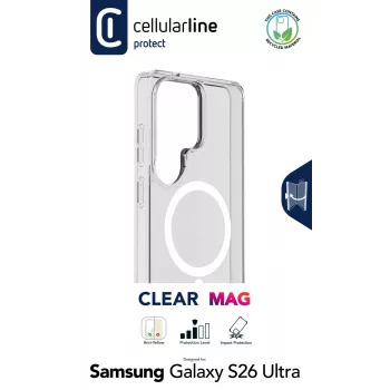Cellularline Clear Mag - Galaxy S26 Ultra permatomas dėklas su guminiu kraštu, atsparus pageltimui