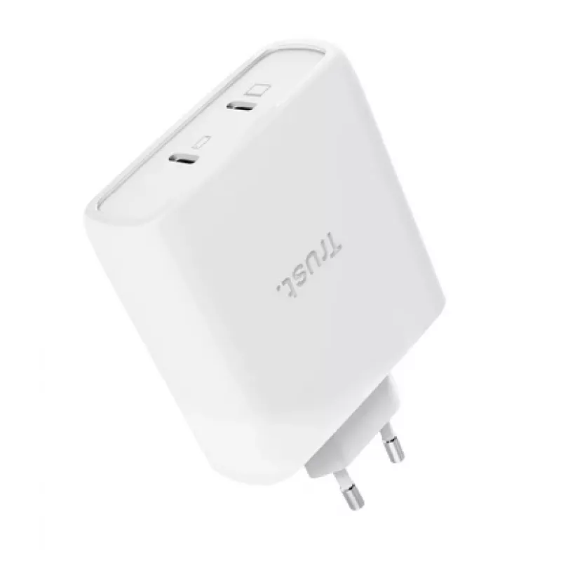 Įkroviklis TRUST Maxo 100W 2x USB-C GaN — 100 W, 2x USB-C, 20 V maks., AC vidaus, 2 m laidas, baltas