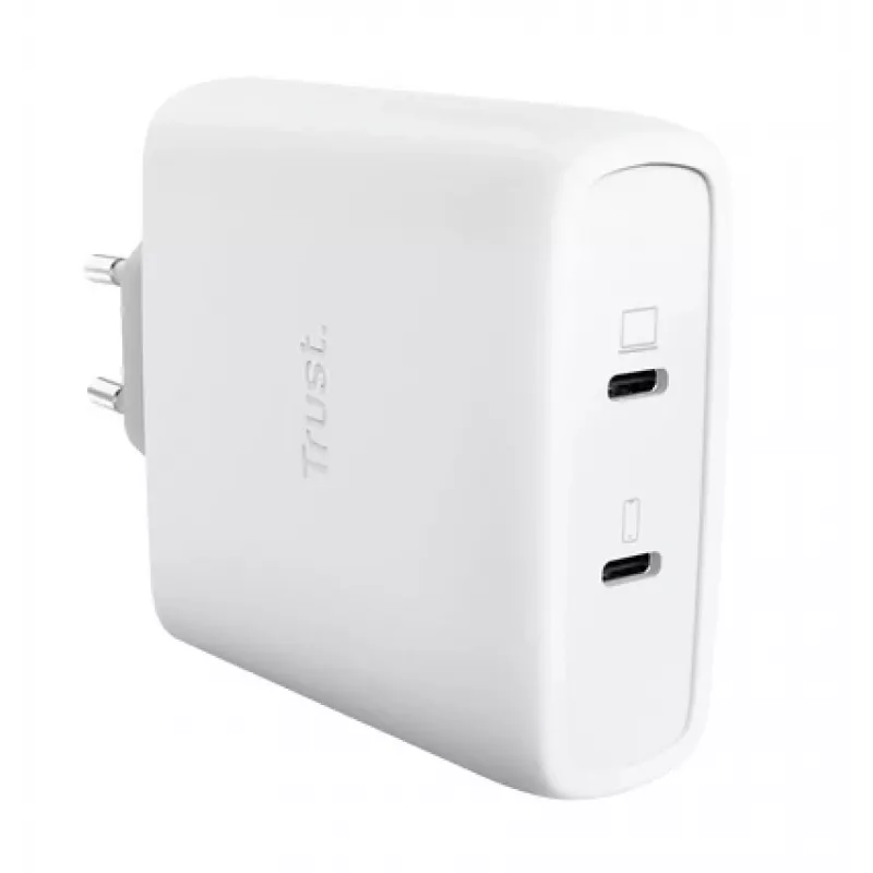 Įkroviklis TRUST Maxo 100W 2x USB-C GaN — 100 W, 2x USB-C, 20 V maks., AC vidaus, 2 m laidas, baltas