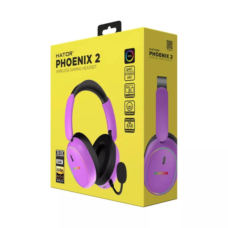 HATOR Phoenix 2 Wireless belaidės ausinės su mikrafonu, žaidimams, USB Type-C / USB Type-A, Bluetooth, violetinė