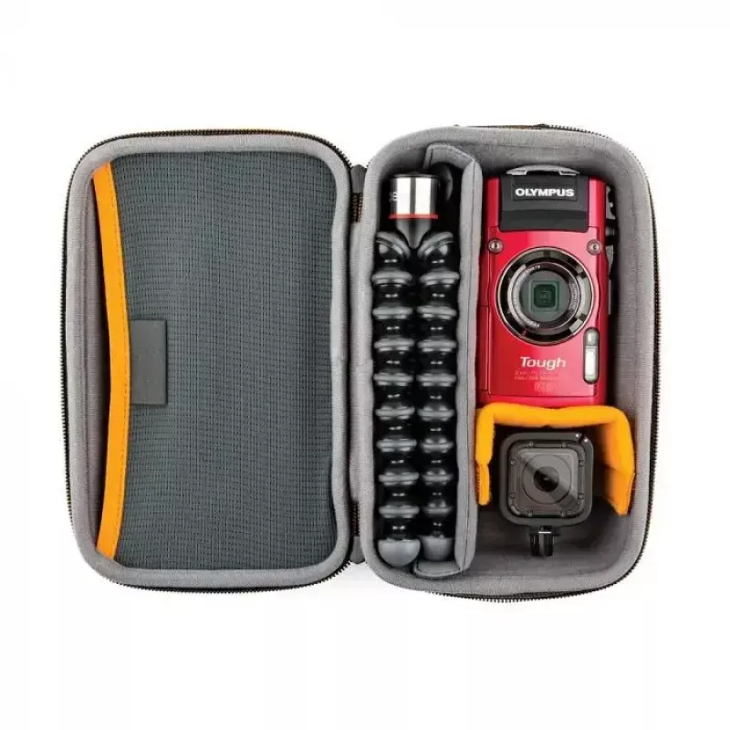 Fototechnikos dėklas Lowepro HARDSIDE CS 60 – kietas kompaktiškas dėklas, 140×85×227 mm, juodas/oranžinis