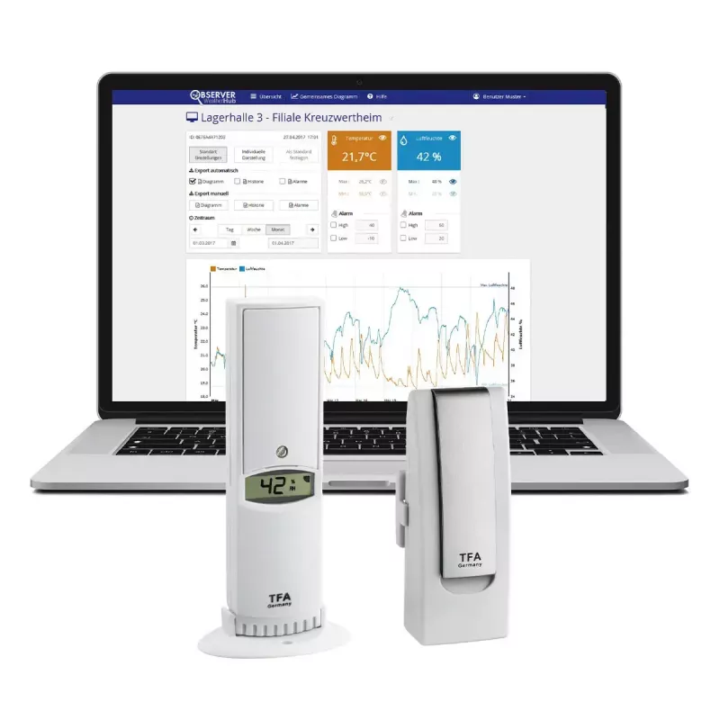 Belaidis aplinkos jutiklis TFA Dostmann WeatherHub – drėgmė ir temperatūra, Wi‑Fi, AC / baterijos (AA), 40×28×104 mm