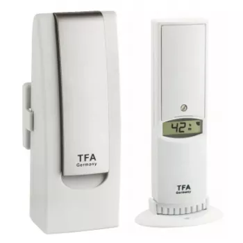 Belaidis aplinkos jutiklis TFA Dostmann WeatherHub – drėgmė ir temperatūra, Wi‑Fi, AC / baterijos (AA), 40×28×104 mm