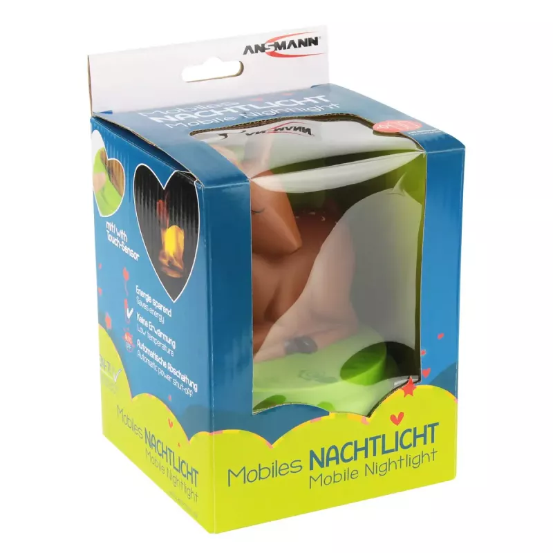ANSMANN baby naktinė lemputė 1800-0059 — LED, geltona šviesa, baterijos AA ×3, 119×119×137 mm, ruda/žalia
