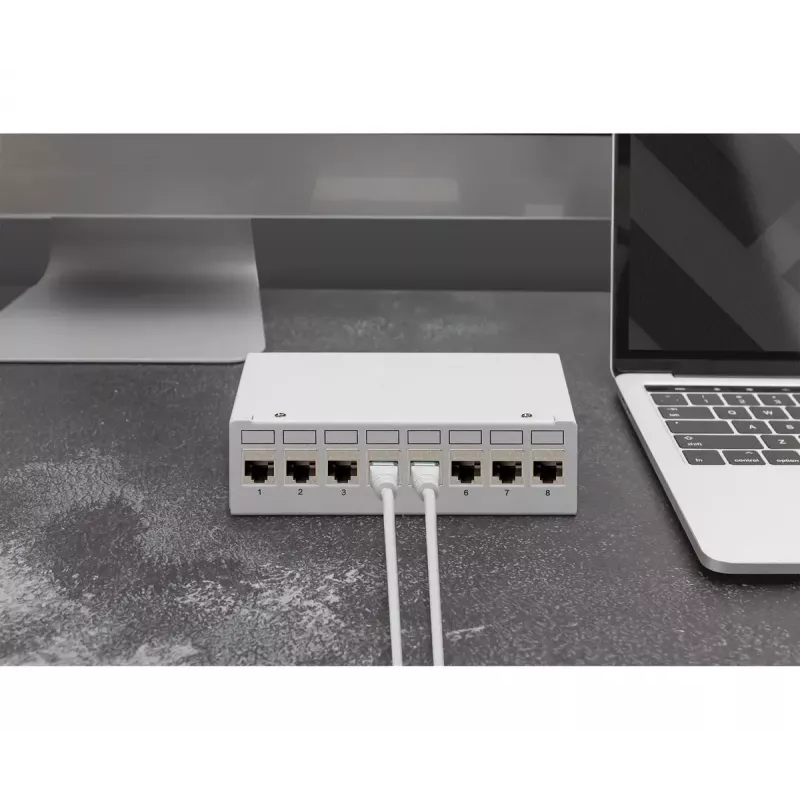 Patch panel DIGITUS Desktop modular tuščias, ekranuotas, 8 prievadų, plieninis, pilkas, montuojamas ant sienos