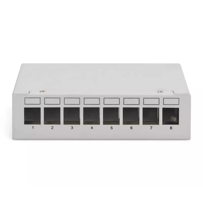 Patch panel DIGITUS Desktop modular tuščias, ekranuotas, 8 prievadų, plieninis, pilkas, montuojamas ant sienos