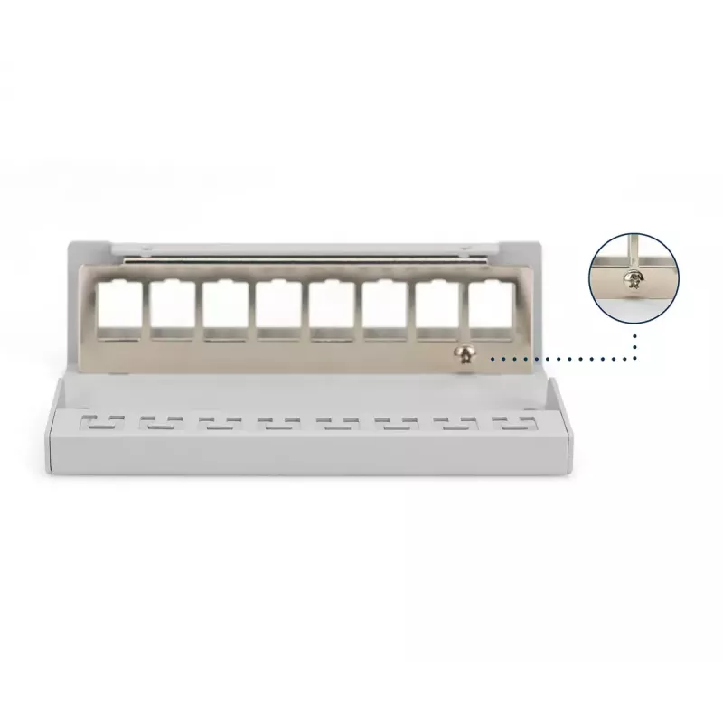 Patch panel DIGITUS Desktop modular tuščias, ekranuotas, 8 prievadų, plieninis, pilkas, montuojamas ant sienos