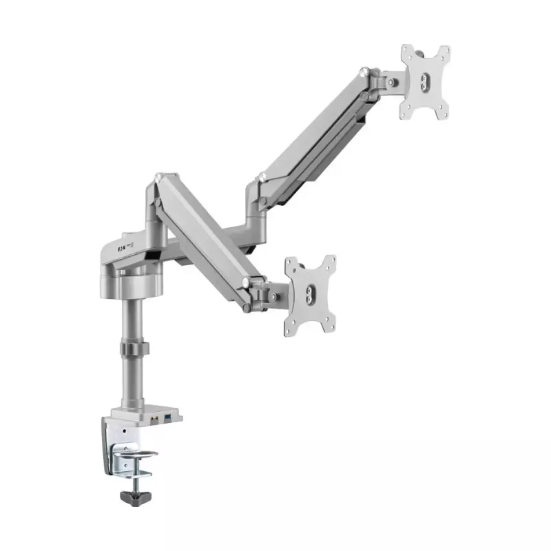Dviejų monitorių laikiklis su dujine spyruokle Tripp Lite (EATON) DDR1732DAL, 13–34 colių, spaustuvas arba per angą, USB ir garso prievadai, sidabrinis