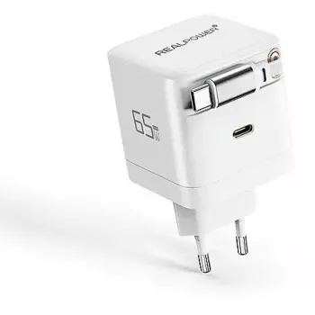 RealPower GaN Įkroviklis 65W, 65 vatų, du USB-C prievadai, baltas