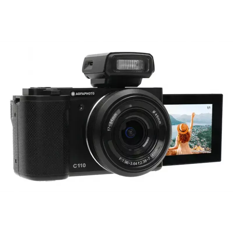 Kompaktiškas fotoaparatas AgfaPhoto Realishot C110 – 24 MP, 1/3,06 colio CMOS, 3x optinis priartinimas, 4K, Wi‑Fi, 2,8 colio liečiamasis ekranas, juodas