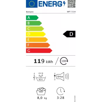 Laisvai pastatoma priekinio pakrovimo džiovyklė BOMANN WPT7154T – šilumos siurblys, 8 kg, juoda/pilka, 64 dB, energijos klasė D