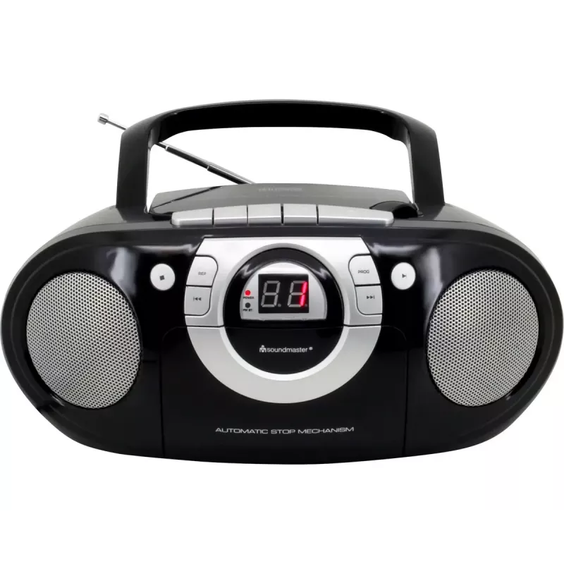Nešiojama stereo sistema Soundmaster SCD5100SW – analoginis FM imtuvas 87,5–108 MHz, CD/MP3 grotuvas, 1 W RMS, LED ekranas, juoda