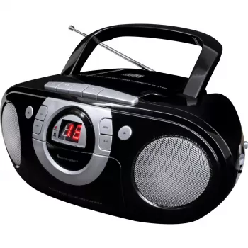 Nešiojama stereo sistema Soundmaster SCD5100SW – analoginis FM imtuvas 87,5–108 MHz, CD/MP3 grotuvas, 1 W RMS, LED ekranas, juoda