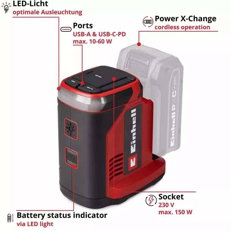 Baterijų energijos stotis EINHELL TC-ES 18/150/1 Li‑Solo – nešiojamas maitinimo šaltinis, 18V, modelis 1091320