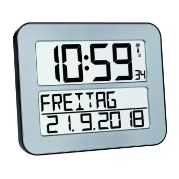 Skaitmeninis žadintuvas TFA 60.4512.54 – stačiakampis sidabrinis, plastikinis korpusas, maitinamas AA baterija