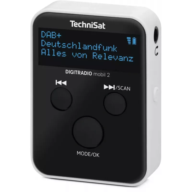 Nešiojamas radijo imtuvas TECHNISAT DIGITRADIO mobil 2 – DAB+ / FM, OLED 0,91 colio, 3,5 mm, USB-C, Li-Ion 500 mAh, juodas/baltas