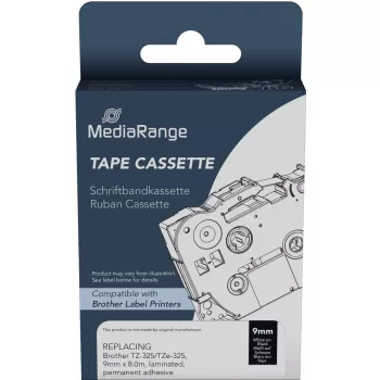 MediaRange plastikinė juostos kasetė Brother TZ-325 nuolatiniai klijai 9mm 8m balta ant juodo