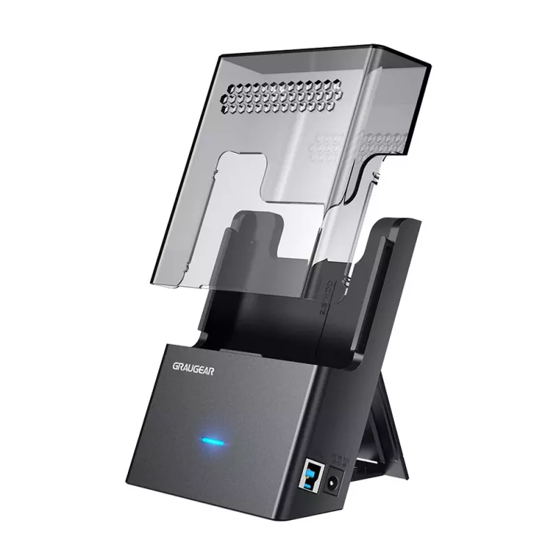 Dokavimo stotelė GrauGear G-3502-AC 2,5 colio/3,5 colio SATA HDD/SSD, USB 3.2 Gen 1 Type-B, 6 Gbit/s, 12V/1,5A, juoda/permatoma