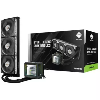 Aušintuvas procesoriui ASROCK Steel Legend Dark 360 LCD – 360 mm AIO skystinis aušintuvas su LCD ekranu