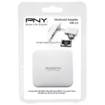 Card reader PNY All in One Reader – USB 2.0, 480 Mbit/s, palaiko CF/SD/MicroSD/MS/MiniSD/MMC, baltas, 54×54×13 mm, 29 g