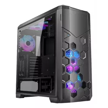 PC korpusas AZZA STORM ARGB Full Tower — juodas, ATX/Micro-ATX/EATX, 2x 3,5 colio + 6x 2,5 colio vietos, iš anksto sumontuoti ARGB ventiliatoriai