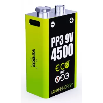 Įkraunamas 9V baterijų rinkinys VERICO LoopEnergy PP3 4500 – Li‑Ion, 2 vnt., 500 mAh, USB‑C įkrovimas