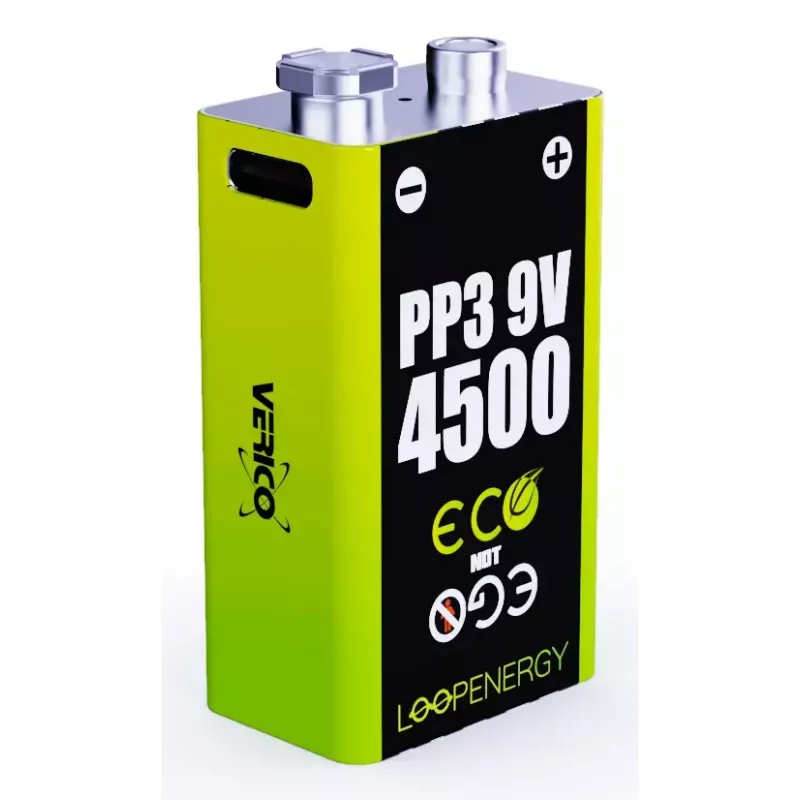 Įkraunamas 9V baterijų rinkinys VERICO LoopEnergy PP3 4500 – Li‑Ion, 2 vnt., 500 mAh, USB‑C įkrovimas