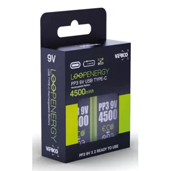 Įkraunamas 9V baterijų rinkinys VERICO LoopEnergy PP3 4500 – Li‑Ion, 2 vnt., 500 mAh, USB‑C įkrovimas