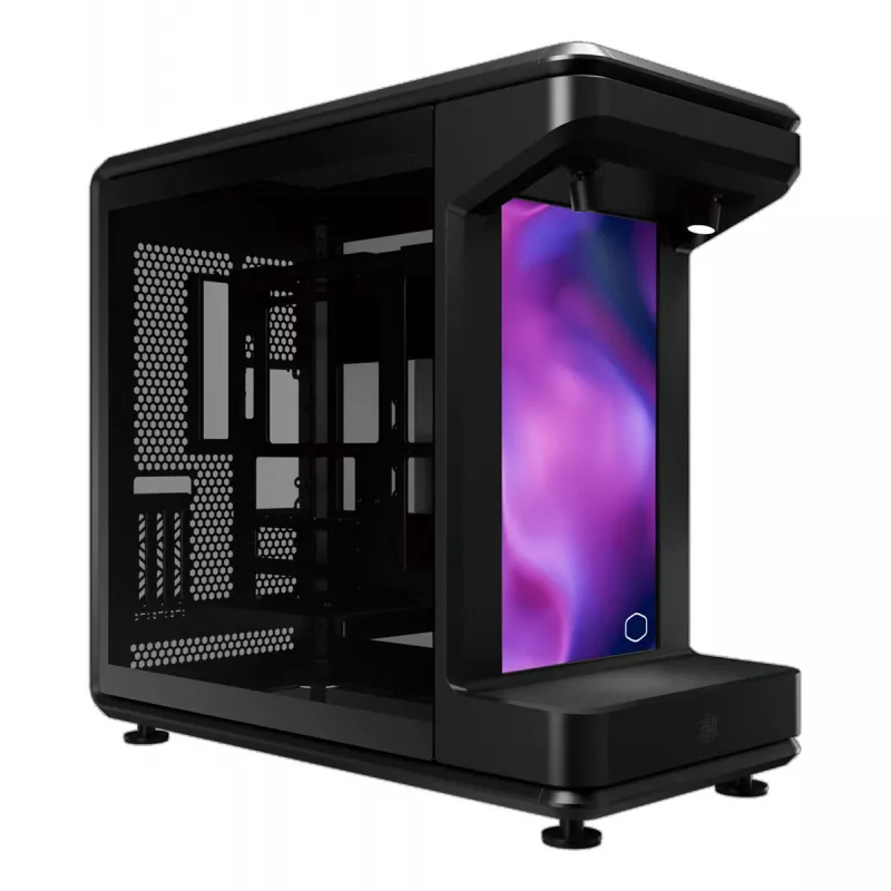 PC Full Tower korpusas Cooler Master MasterFrame 360 STAGE LCD — juodas/permatomas, 15,6 colio (39,6 cm) 1920×1080 LCD, ATX maitinimo šaltinis, palaiko 120/140/180/200 mm ventiliatorius, 120–360 mm radiatorius