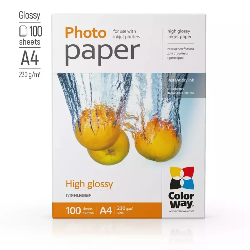 Foto popierius A4 ColorWay PG230100A4 – blizgus 230 g/m², 100 lapų, baltas